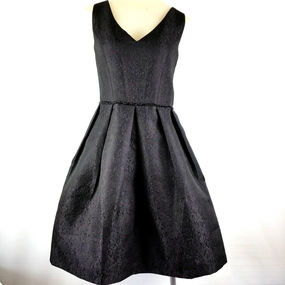 Black Floral Jacquard Skater V-Neck Dress